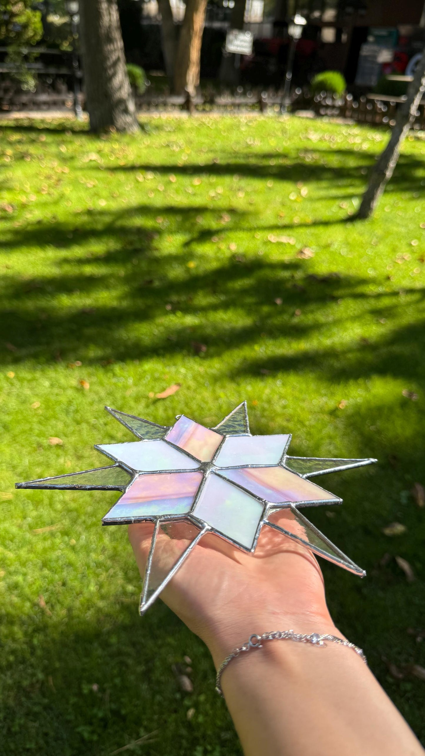 Stained Glass Sirius Star Suncatcher Handmade White and Ice Iridescent Glass Home Window Decor