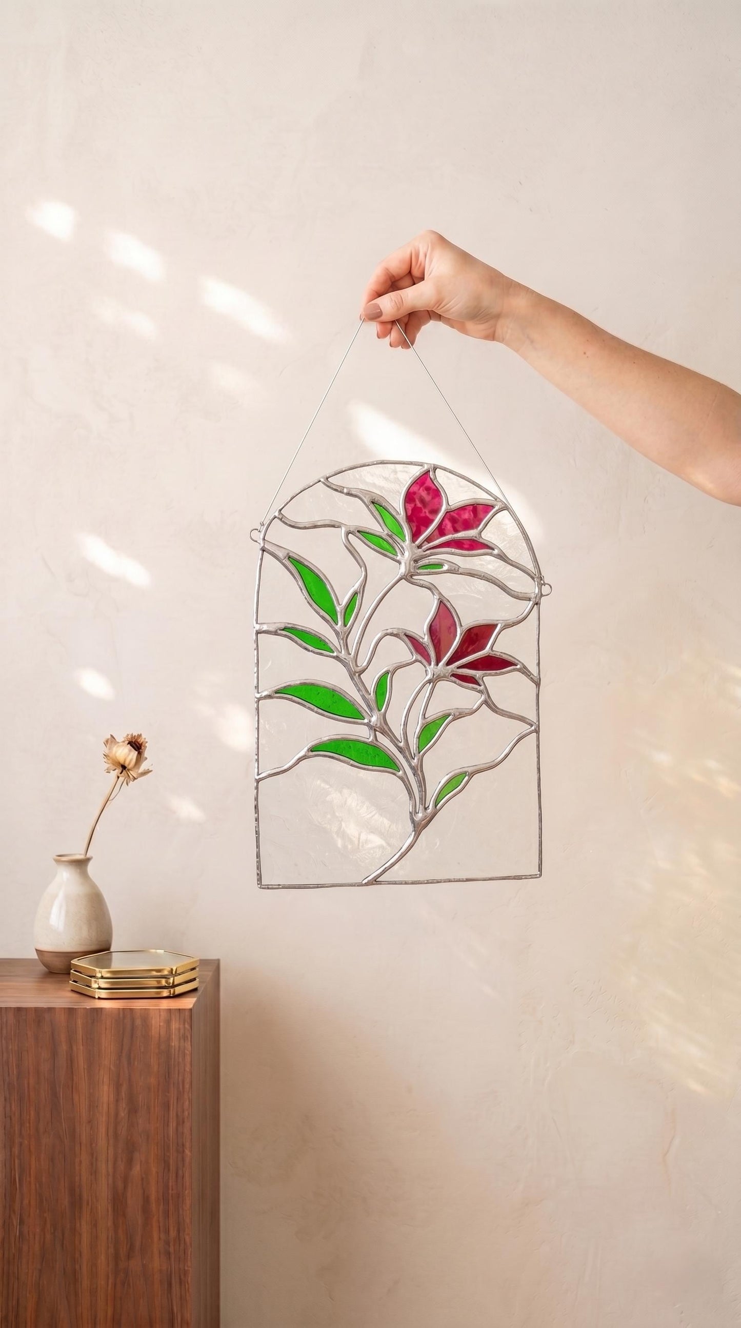 Stained Glass Floral Wall Hanging, Arched Red Flower Panel, Botanical Suncatcher Home Decor