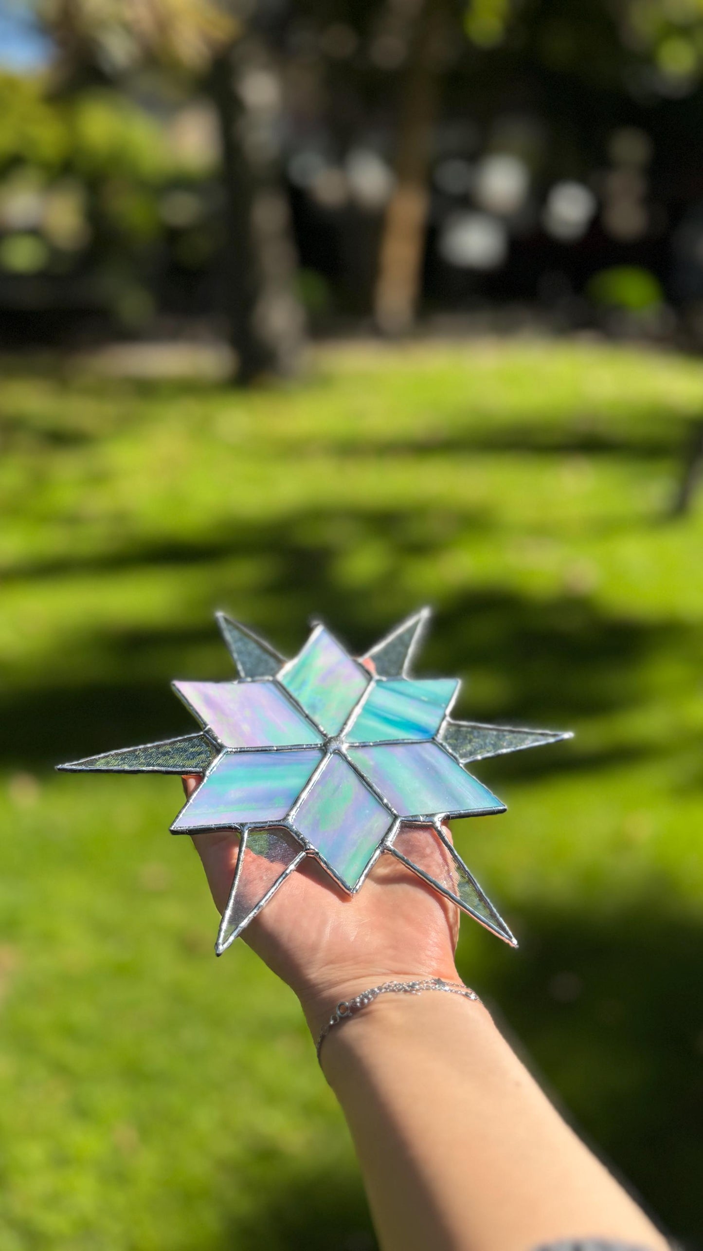 Stained Glass Sirius Star Suncatcher Handmade Ice Iridescent Glass Home Window Decor