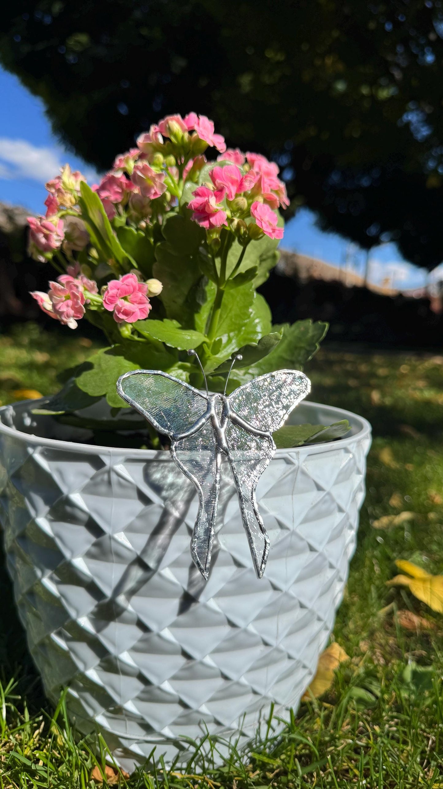 Blue Stained Glass Butterfly Plant Stake - Handmade Plant Buddy