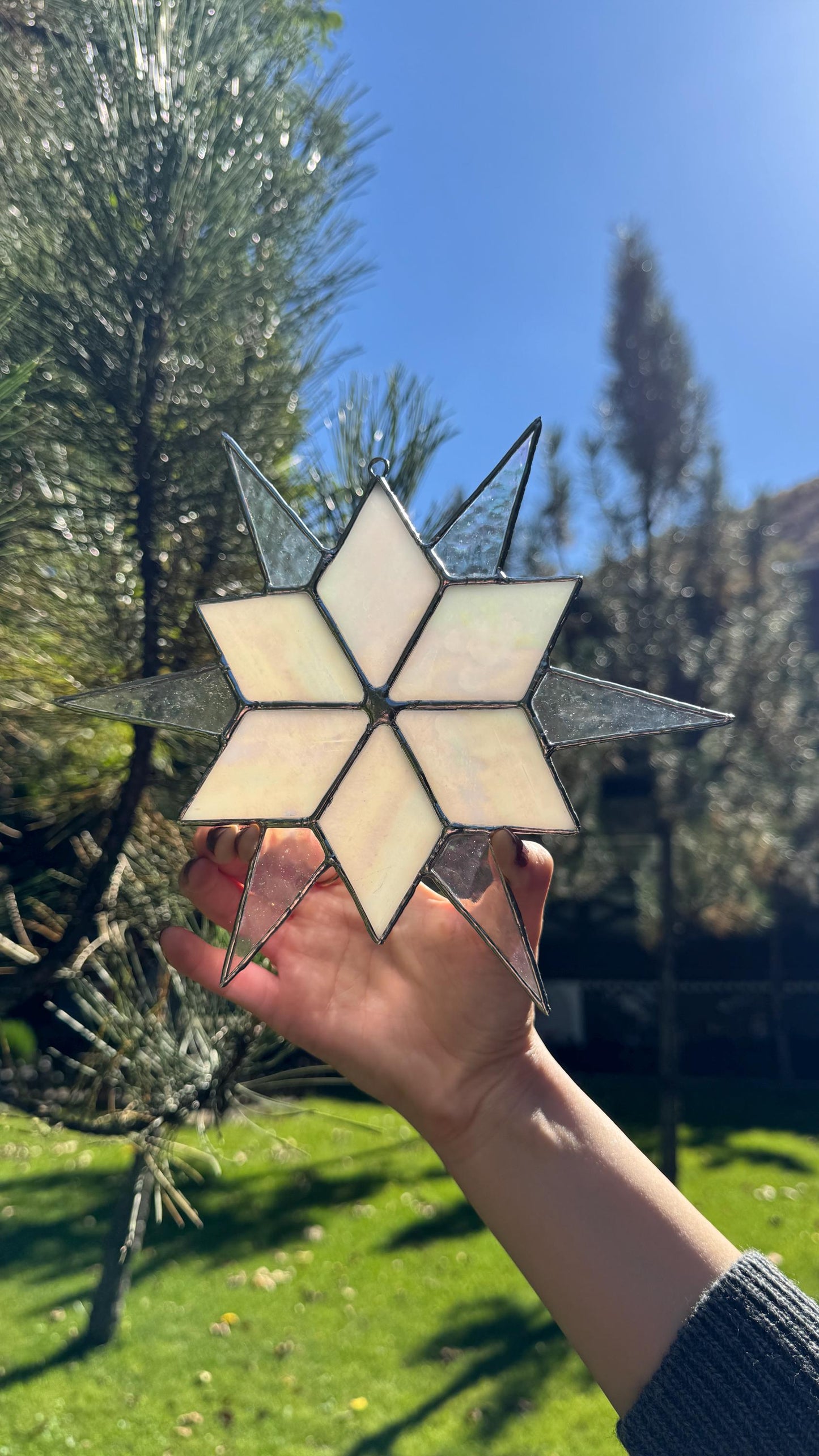 Stained Glass Sirius Star Suncatcher Handmade White Iridescent Glass, Home Window Decor Gift