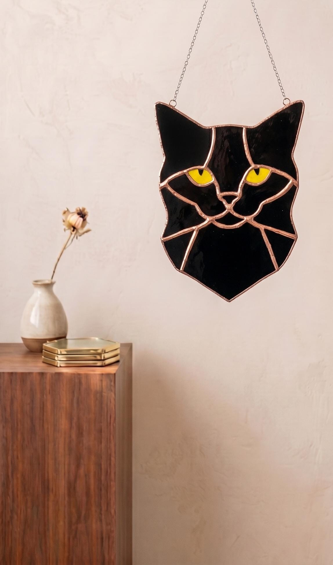 Black Cat Stained Glass Suncatcher Blue Eyes Handmade Window Hanging, Gift for Cat Lovers