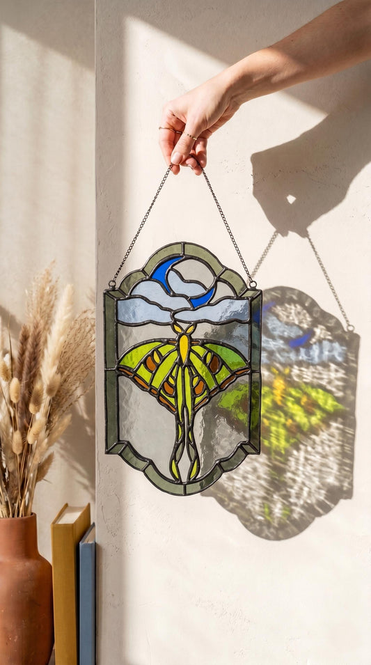 Luna Moth Stained Glass Panel: Celestial Moon Suncatcher, Witchy Window Hanging Art