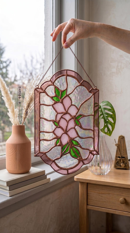Handmade Stained Glass Floral Panel, Pink Flowers, Iridescent Arch Suncatcher, Botanical Glass Art