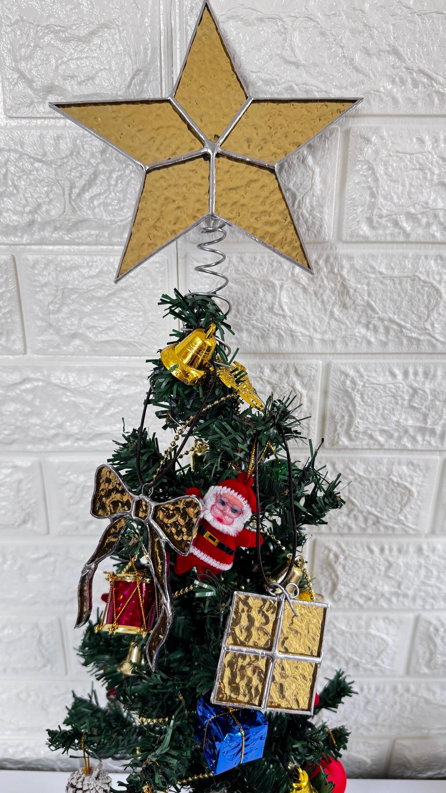Stained Glass Christmas Tree Topper Star Set, 3-Piece Ornaments, Handmade Xmas Decor, Holiday Decorations