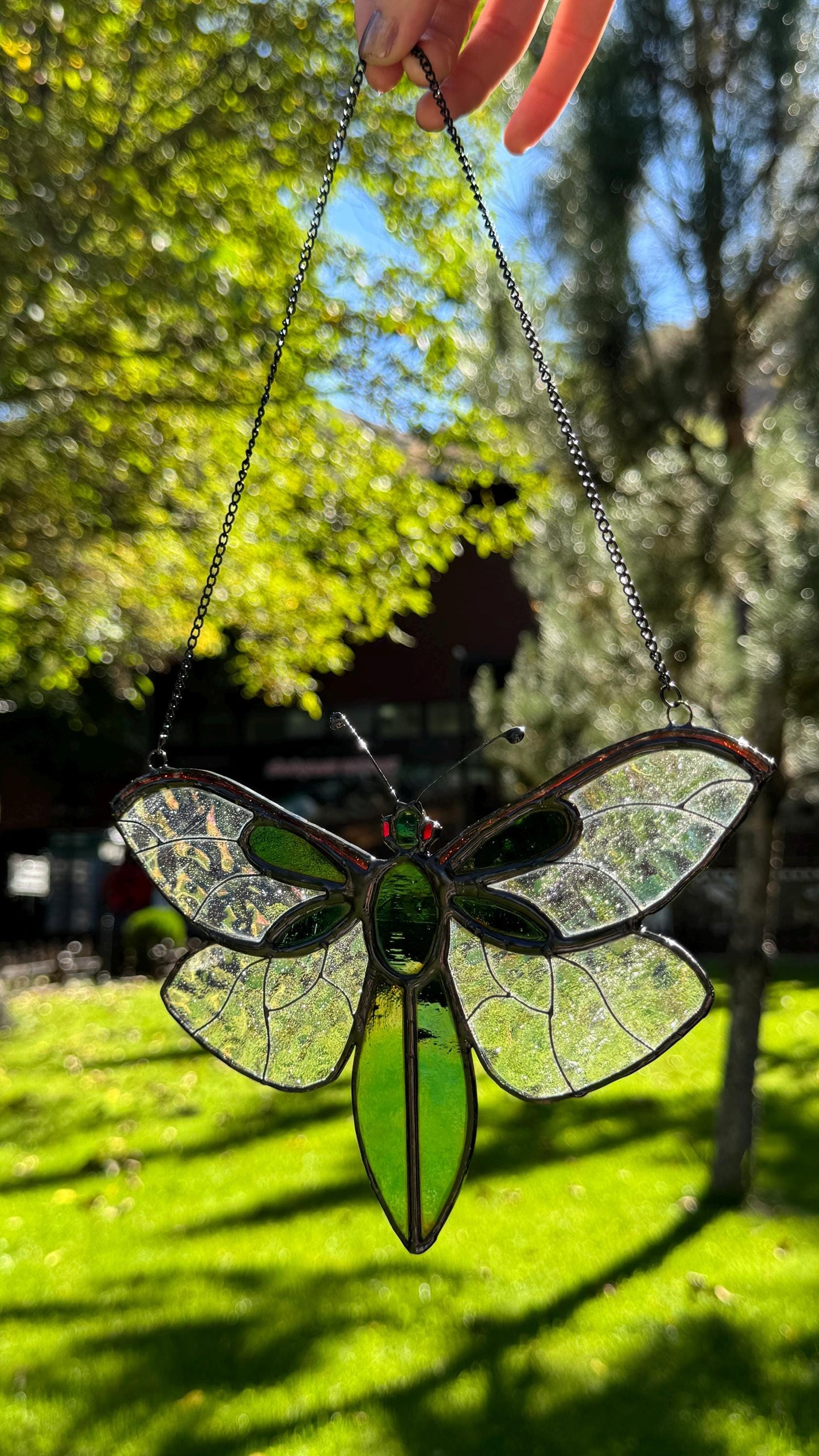 Stained Glass Fly Suncatcher: Handmade Iridescent Green Insect Window Decor