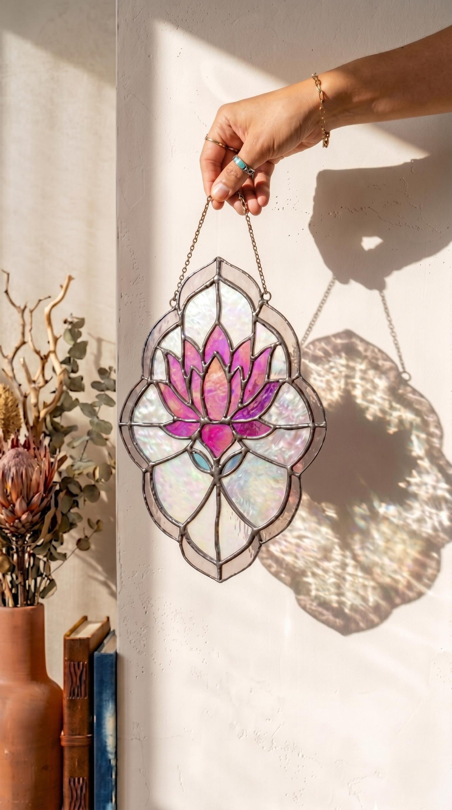 Stained Glass Lotus Panel Pink and Purple Iridescent Flower Suncatcher, Handmade Window Hanging