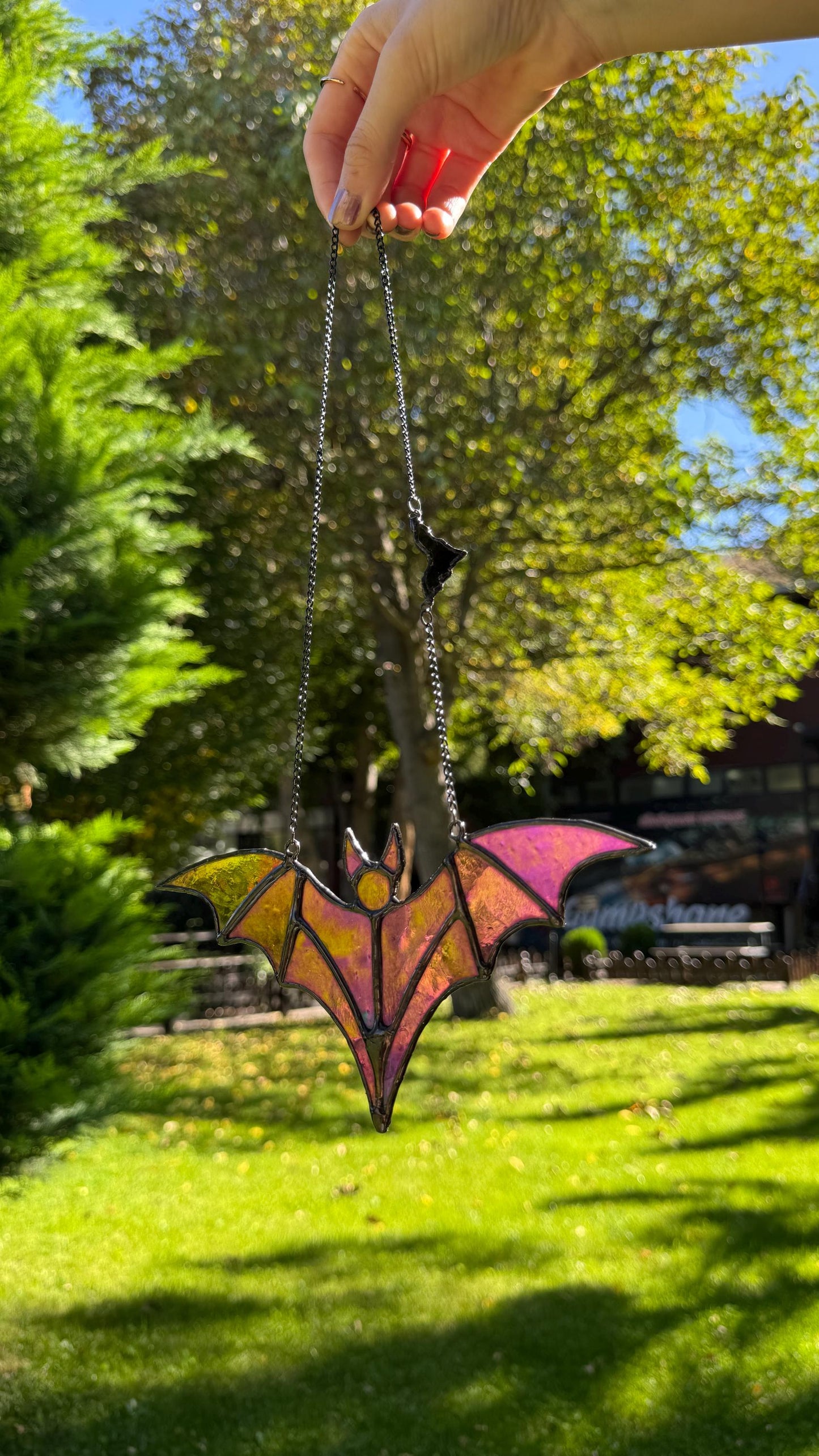 Stained Glass Bat Suncatcher, Black and Tinted glass: Halloween Decor