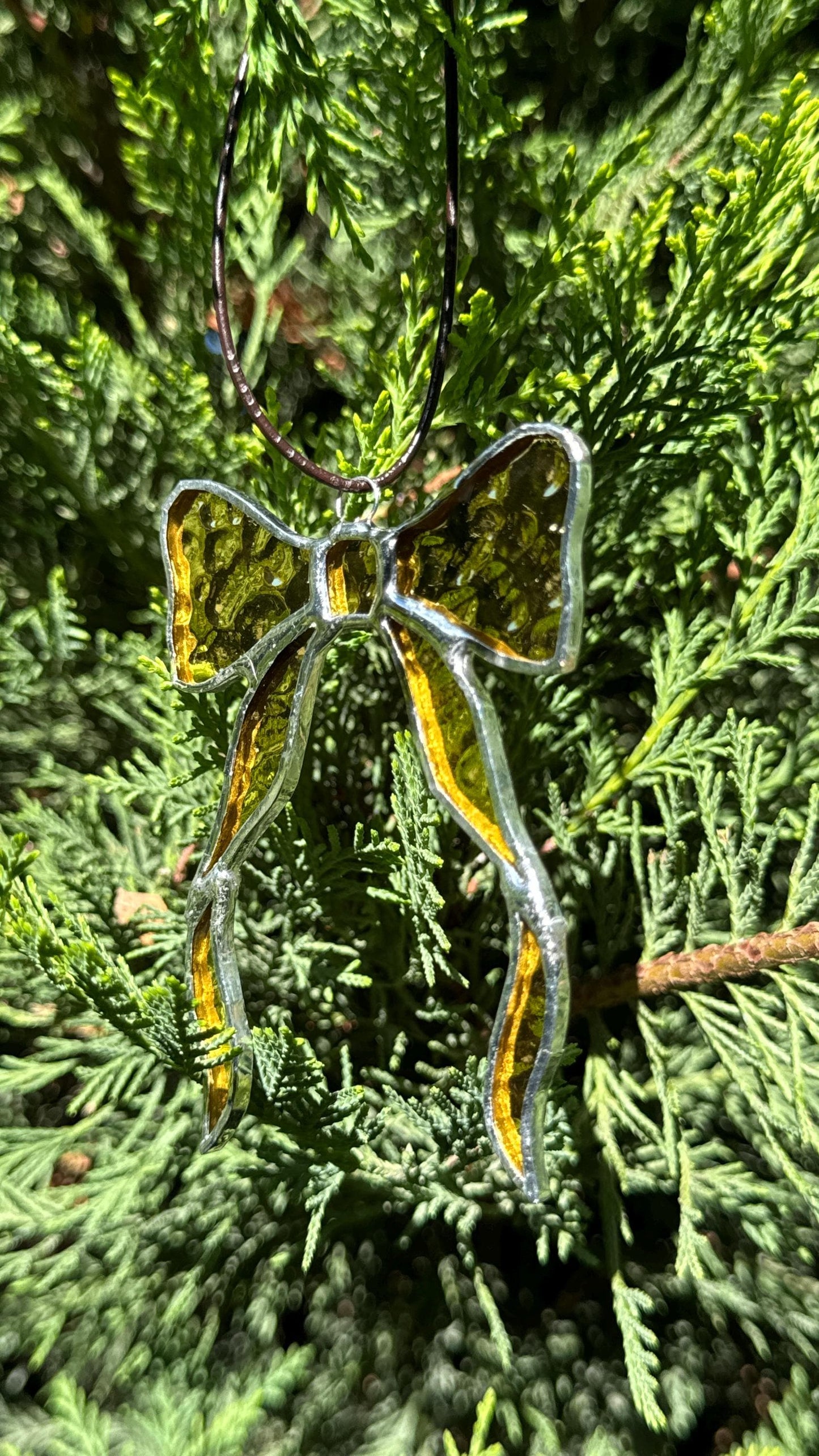Golden Stained Glass Bow Ornament: Handmade Mirrored Ribbon Suncatcher