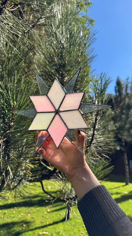 Stained Glass Sirius Star Suncatcher Handmade Pink and White Iridescent Glass Home Window Decor