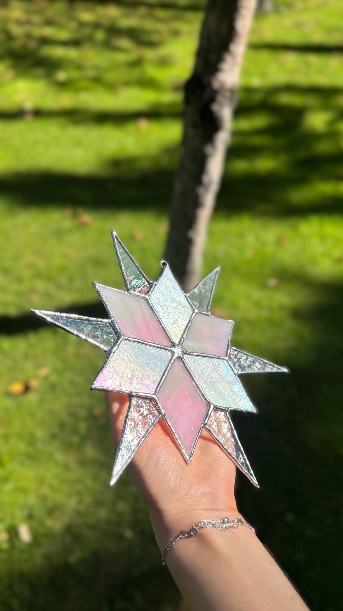 Stained Glass Sirius Star Suncatcher Handmade Pink and White Iridescent Glass Home Window Decor