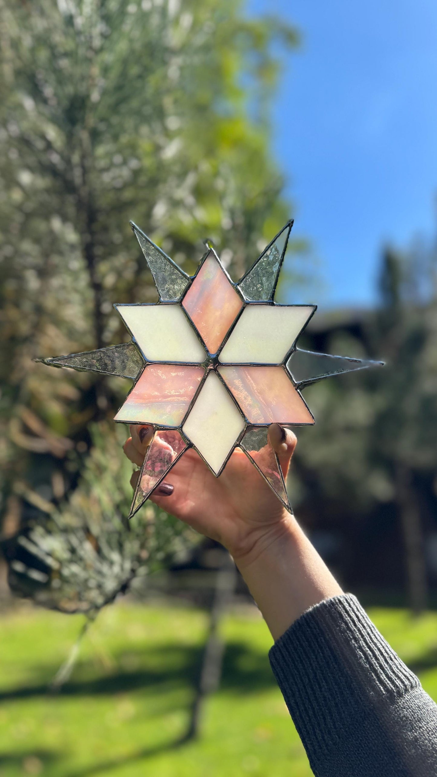 Stained Glass Sirius Star Suncatcher Handmade White and Ice Iridescent Glass Home Window Decor