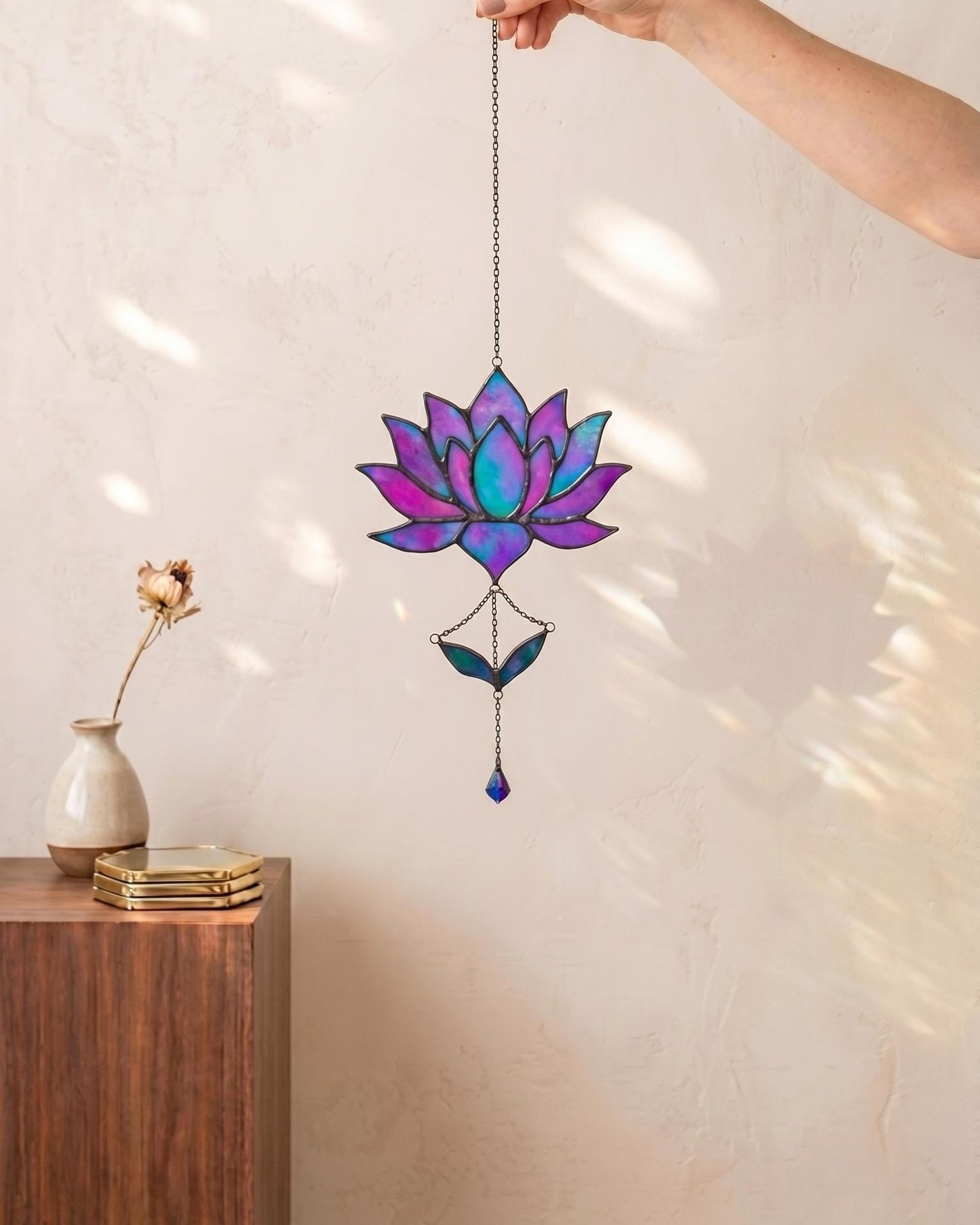 Stained Glass Lotus Suncatcher Pink and Purple Iridescent Flower, Handmade Window Hanging