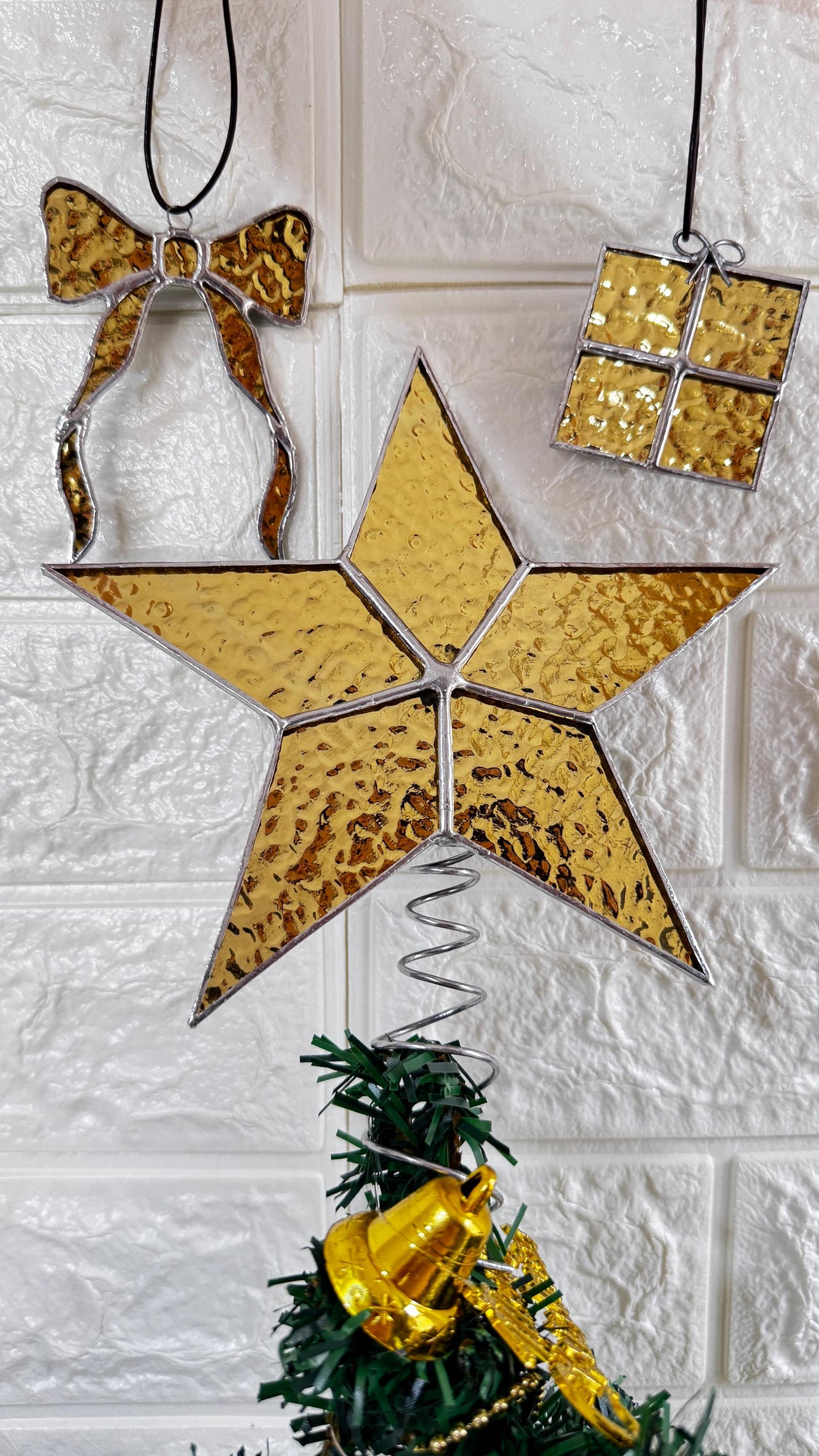 Stained Glass Christmas Tree Topper Star Set, 3-Piece Ornaments, Handmade Xmas Decor, Holiday Decorations