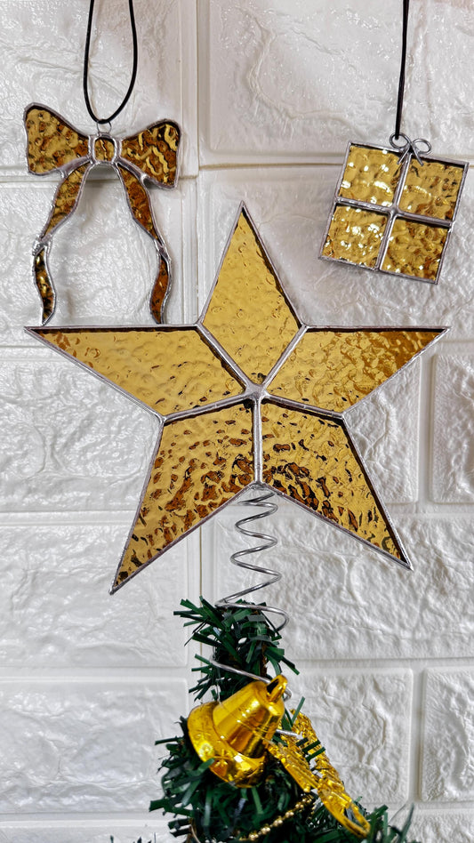 Stained Glass Christmas Tree Topper Star Set, 3-Piece Ornaments, Handmade Xmas Decor, Holiday Decorations