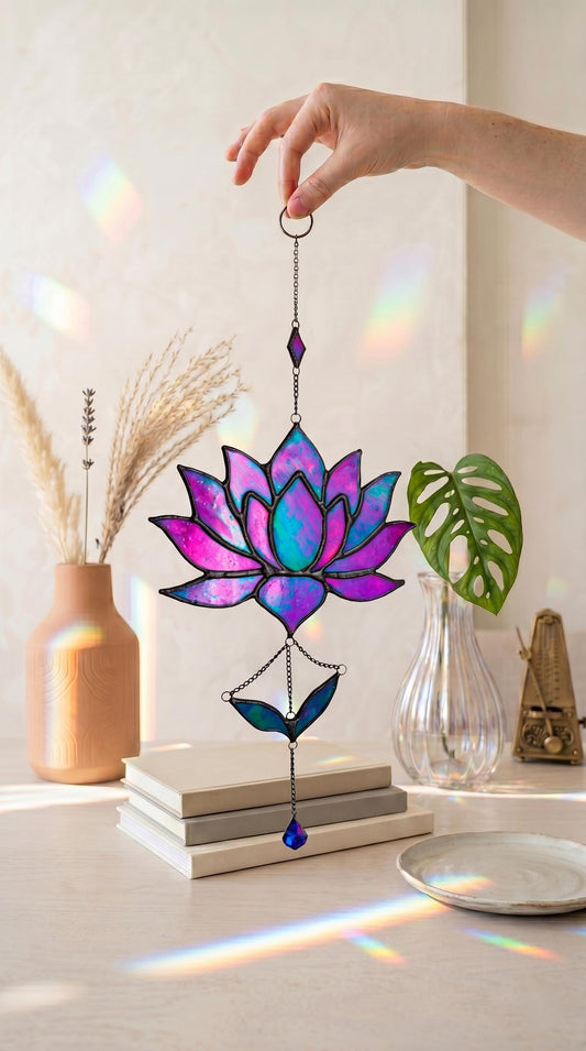 Stained Glass Lotus Suncatcher Pink and Purple Iridescent Flower, Handmade Window Hanging