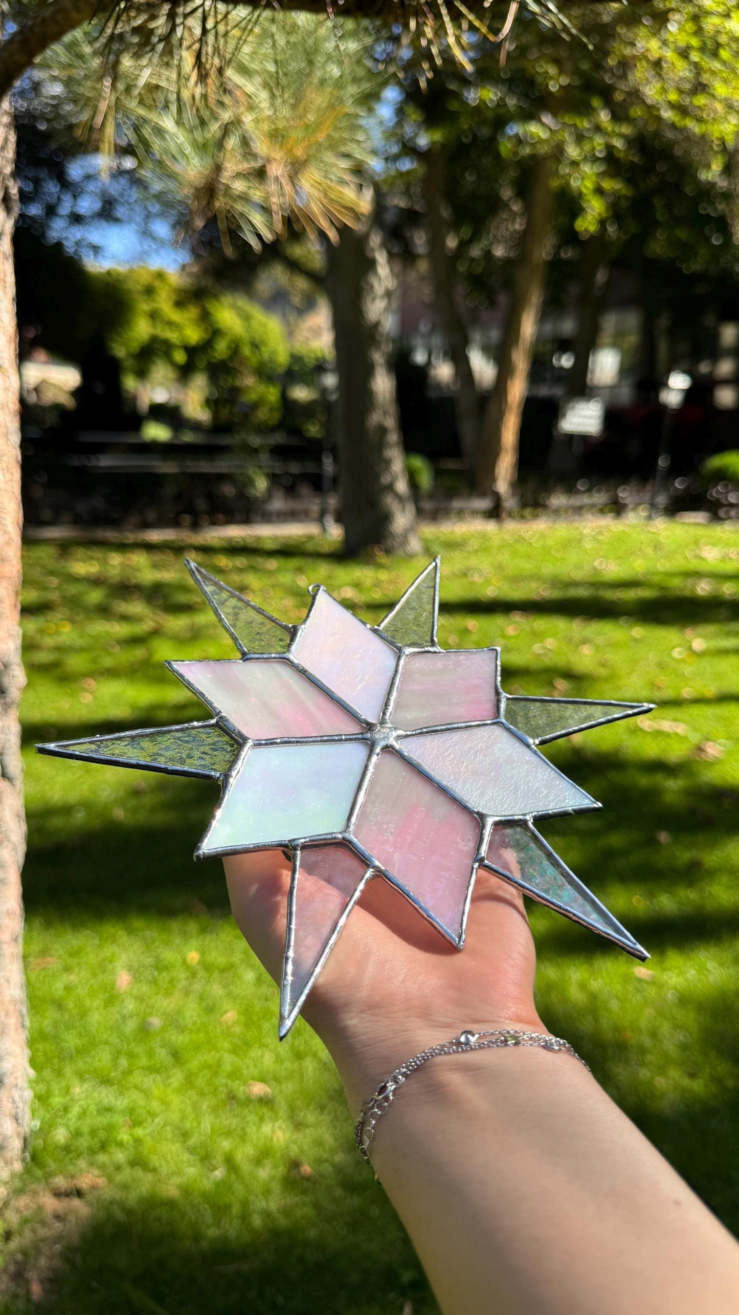 Stained Glass Sirius Star Suncatcher Handmade Pink and White Iridescent Glass Home Window Decor
