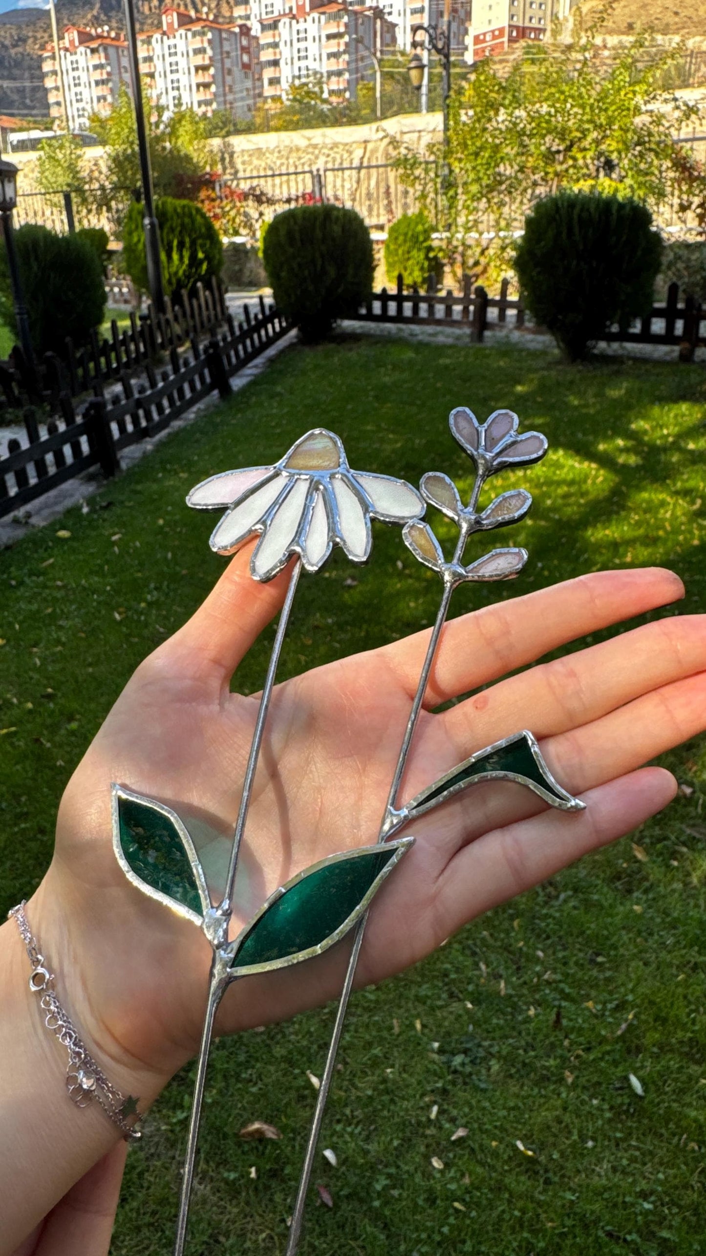 Handmade Stained Glass Flower Decor: Purple & Pink Iridescent Floral Plant Stake