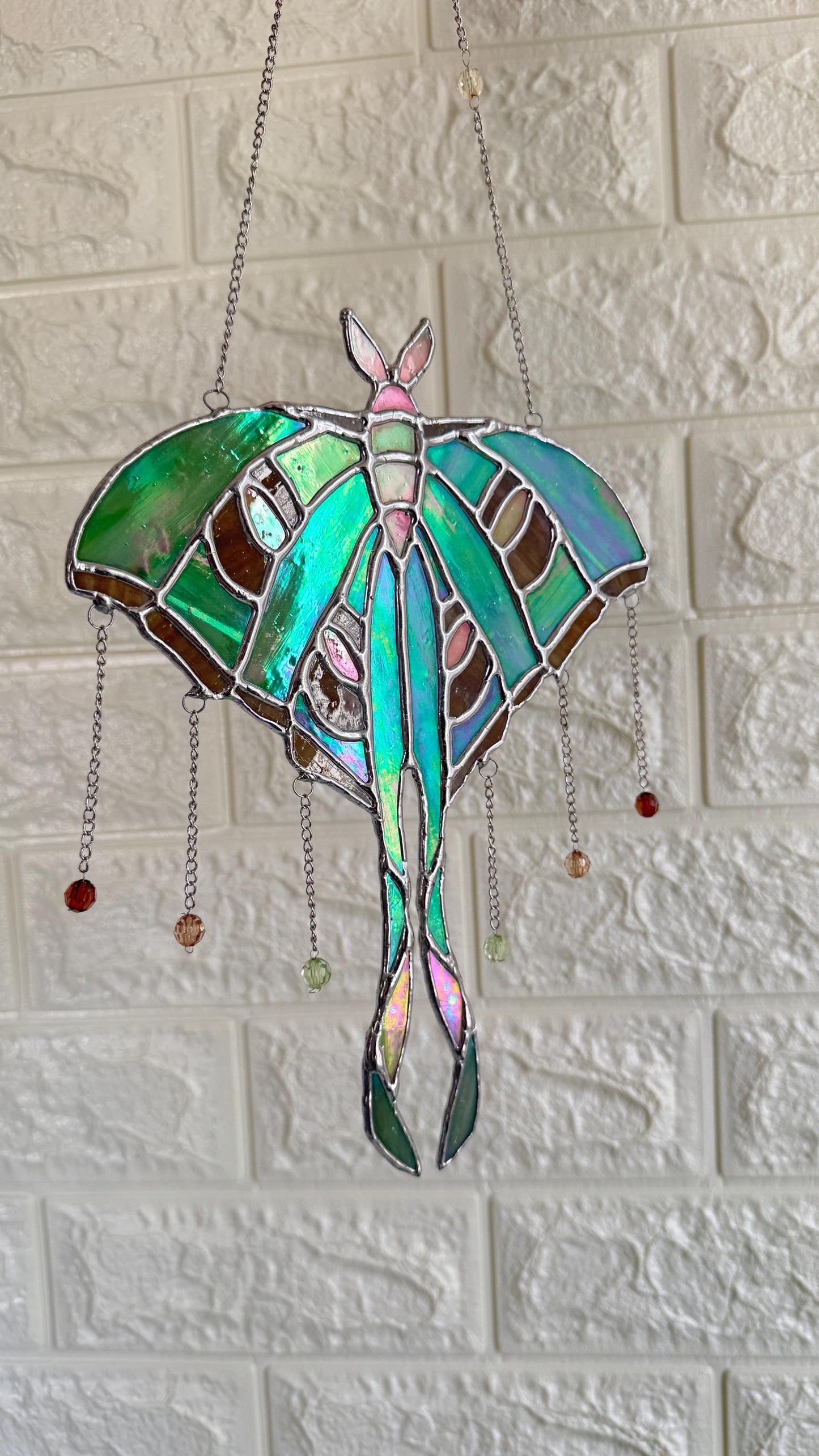 Luna Moth Stained Glass Suncatcher: Green Insect Window Hanging, Witchy Boho Wall Art Decor