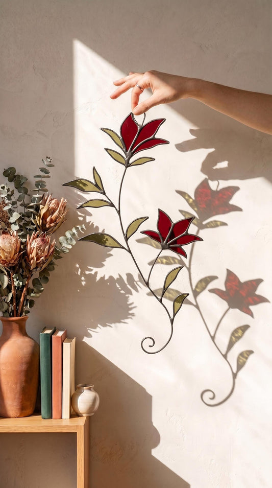 Stained Glass Floral Branch Suncatcher, Red Flower Wall Hanging, Botanical Glass Art