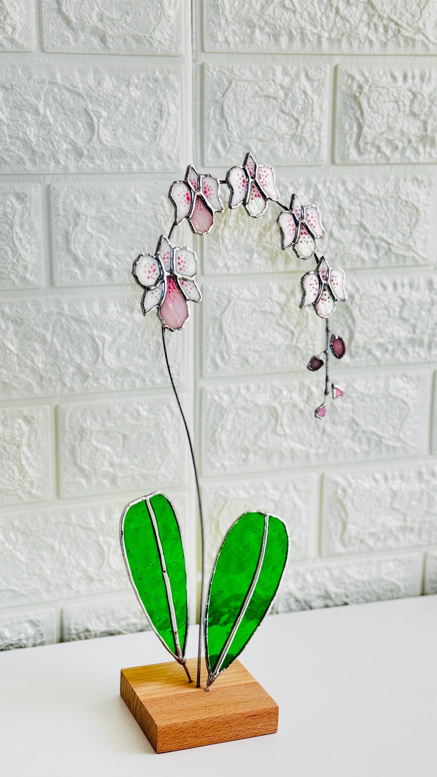 Stained Glass Orchid Suncatcher with stand: Handcrafted Floral Table Decor Flower Gift for Her