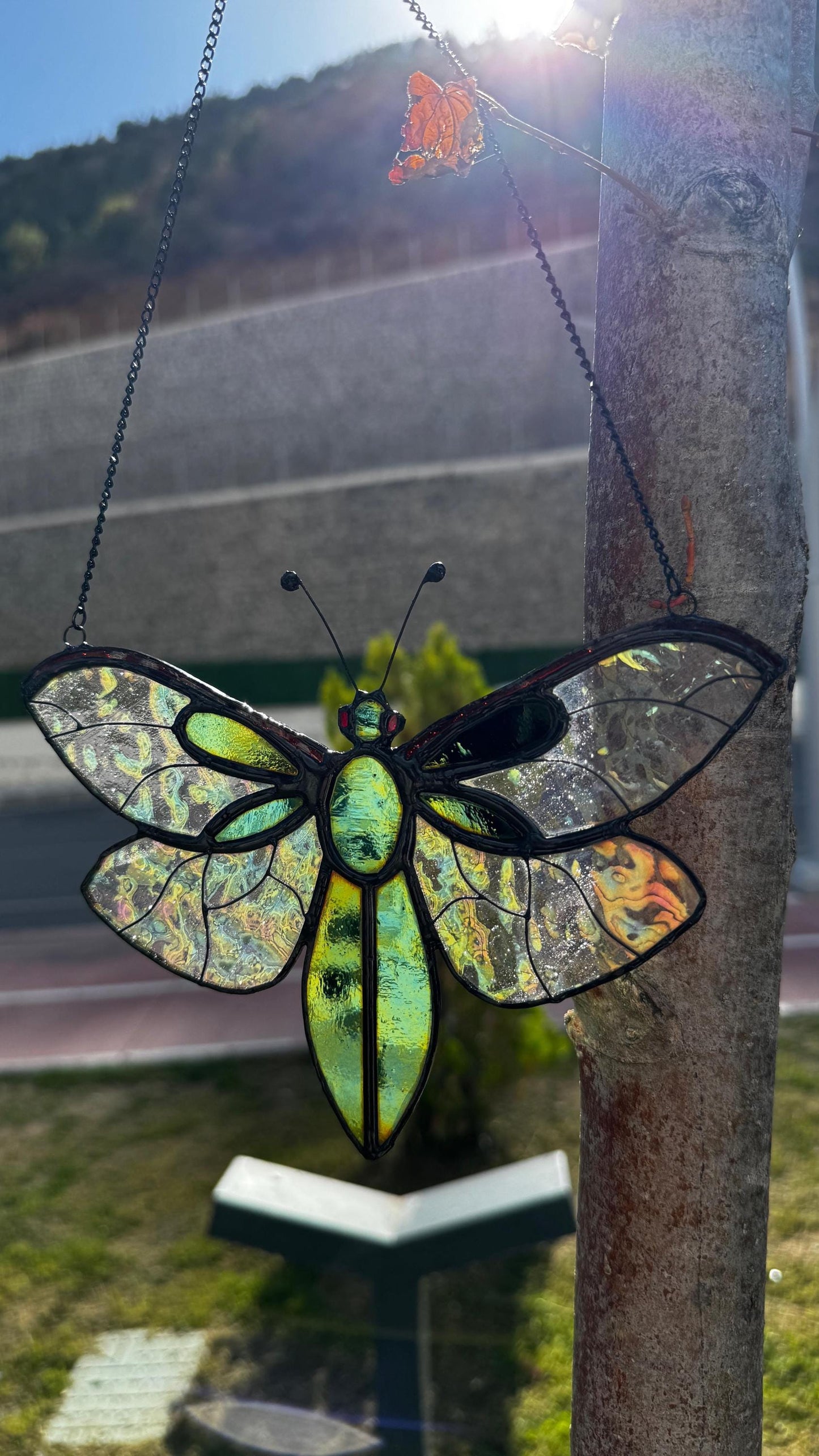 Stained Glass Fly Suncatcher: Handmade Iridescent Green Insect Window Decor