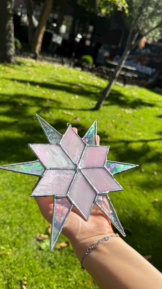Stained Glass Star Suncatcher, Pink Iridescent Glass Ornament, Home Window Decor