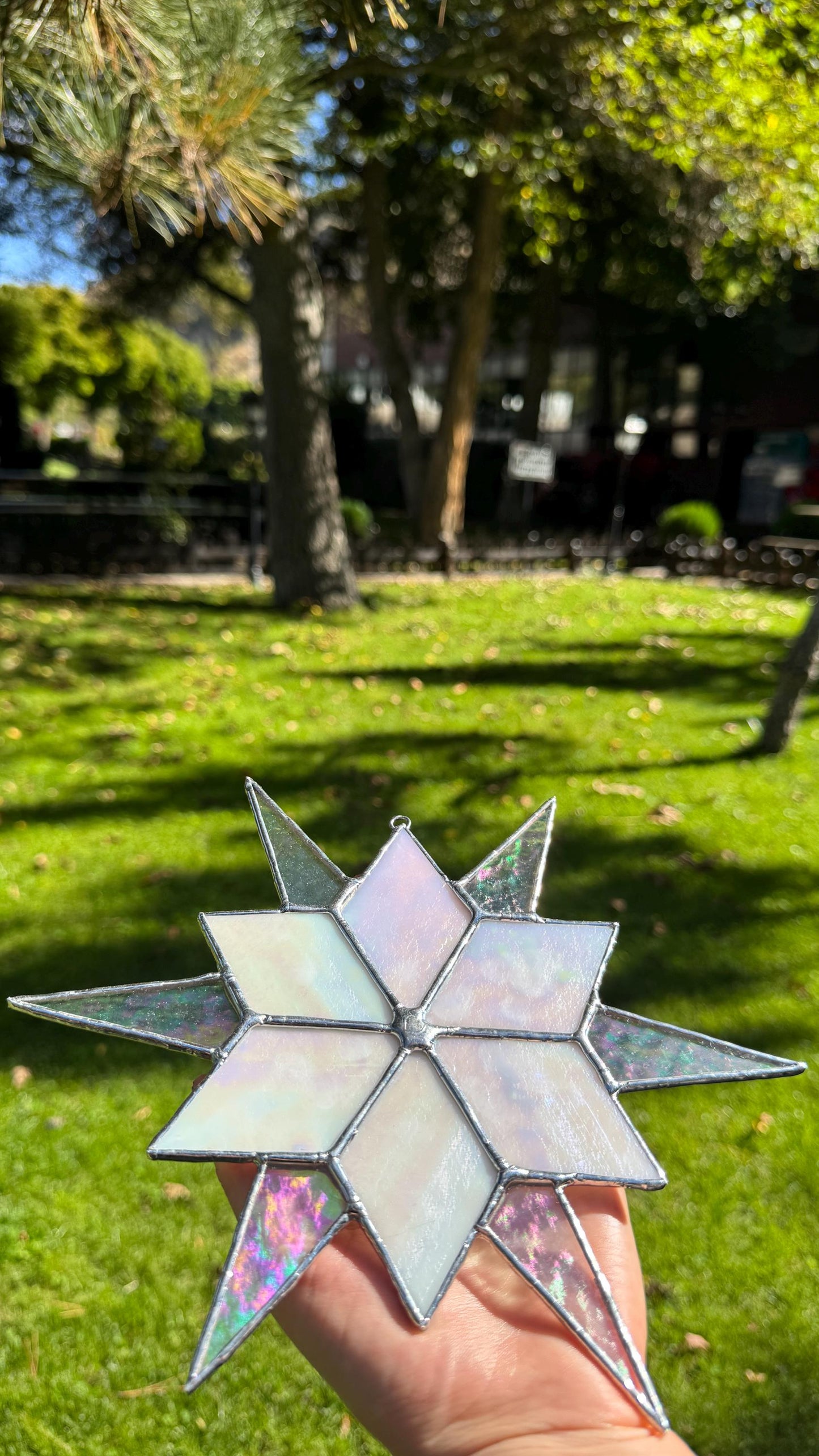 Stained Glass Sirius Star Suncatcher Handmade White Iridescent Glass, Home Window Decor Gift