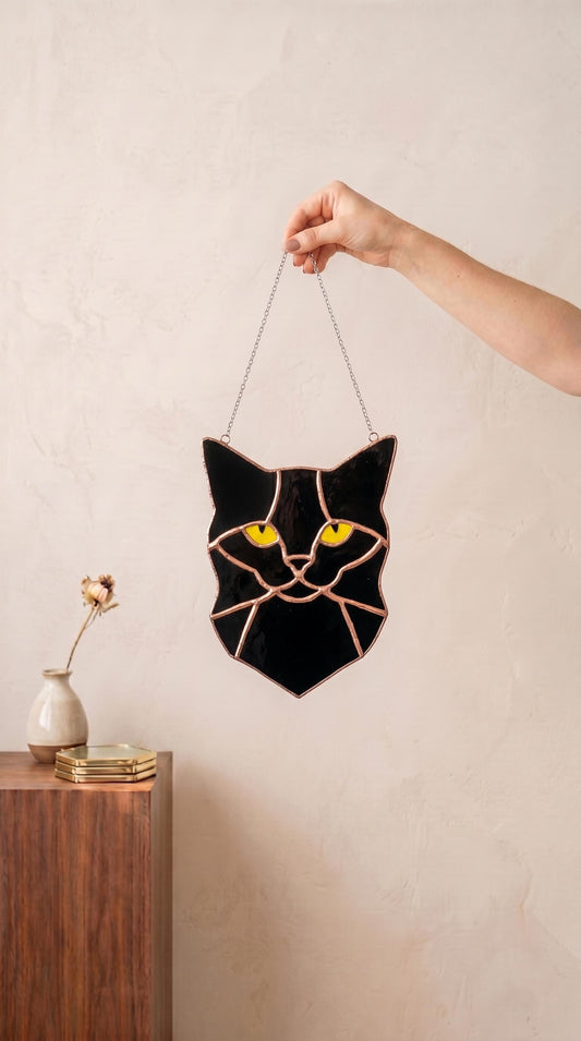 Black Cat Stained Glass Suncatcher Blue Eyes Handmade Window Hanging, Gift for Cat Lovers