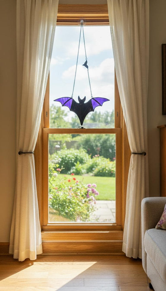 Stained Glass Bat Suncatcher, Purple Black: Halloween Decor