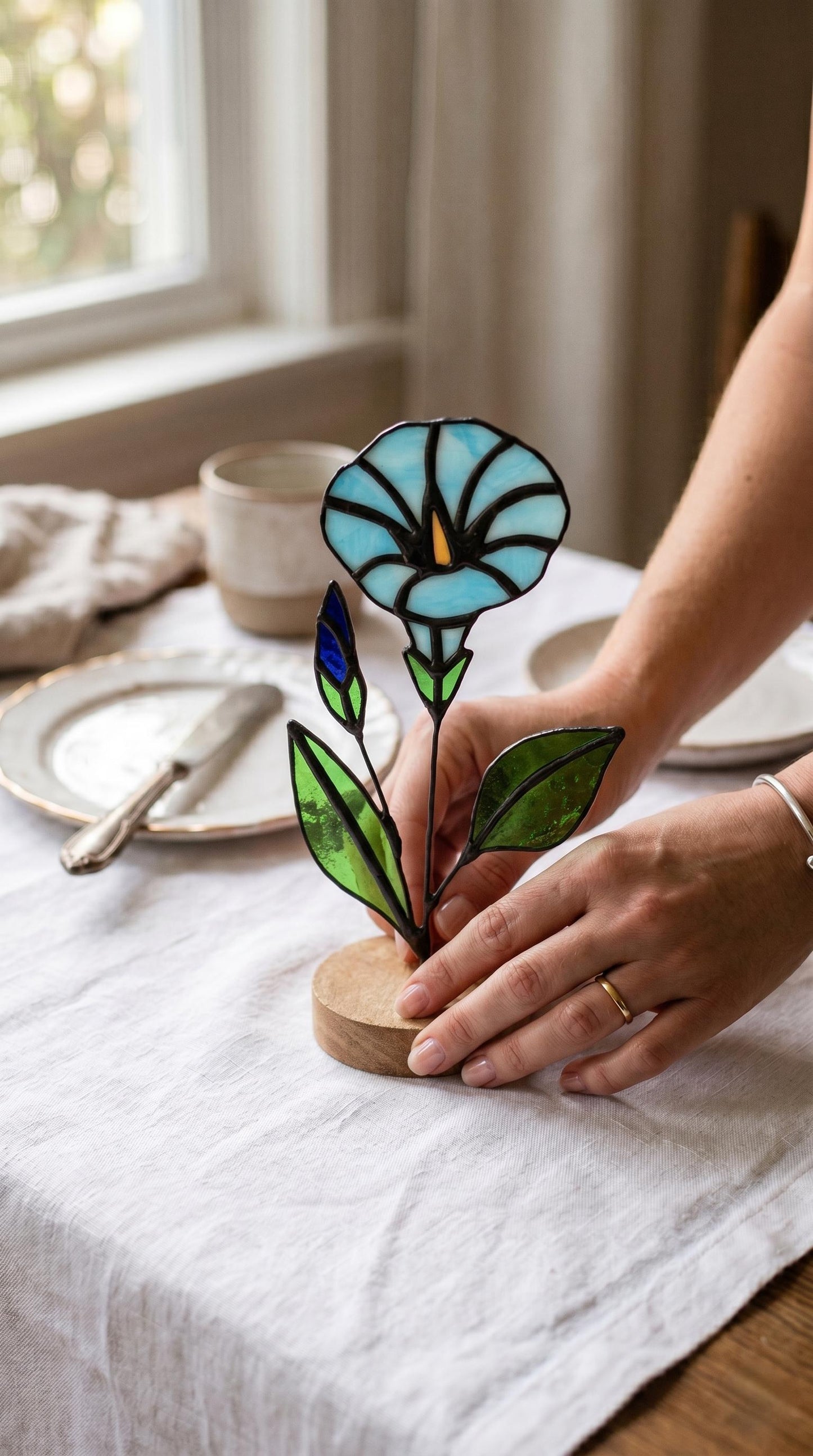 Stained Glass Morning Glory Flower Stake: Handmade Floral Decor, Gift for Nature Lovers