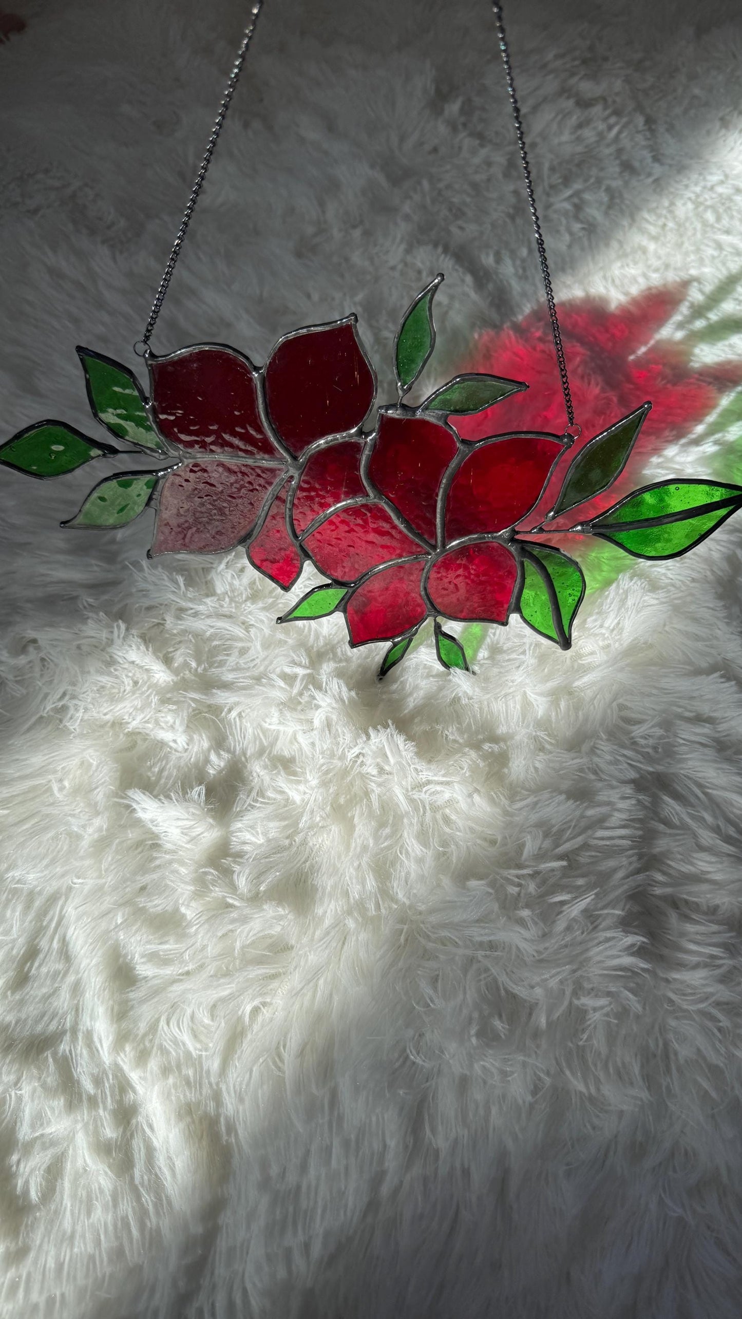 Handmade Stained Glass Red Floral Wall Hanging, Botanical Suncatcher Window Decor
