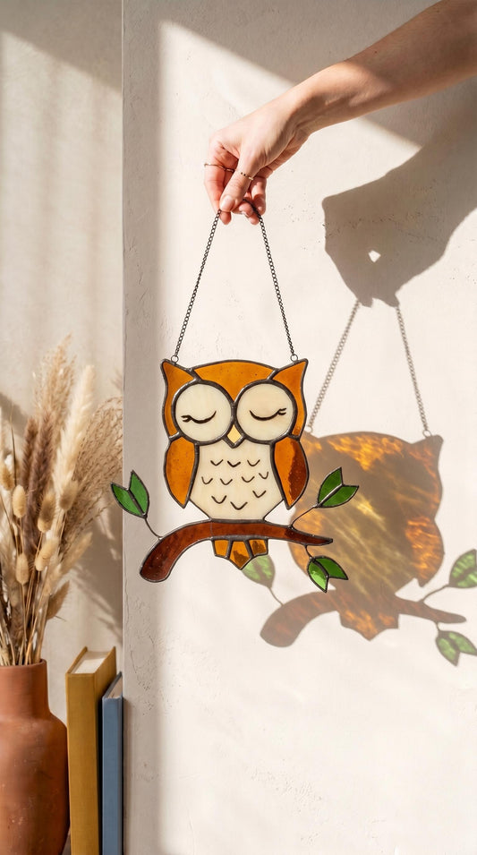 Stained Glass Owl Suncatcher: Handmade Window Hanging Home Decor, Christmas Gift