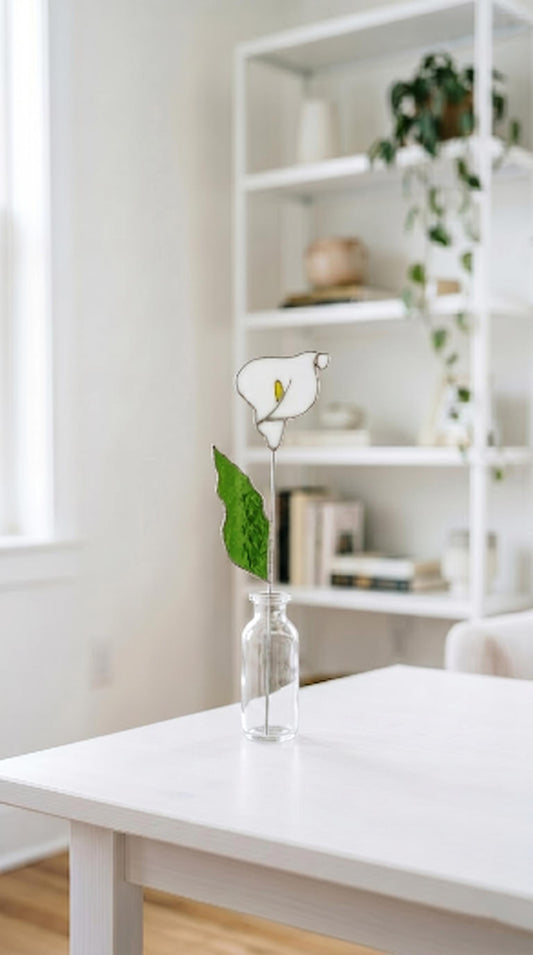 Handcrafted Stained Glass Calla Lily Bloom, Vase Decor