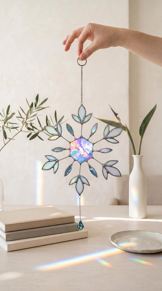 Stained Glass Snowflake Suncatcher: Handmade Winter Window Decor