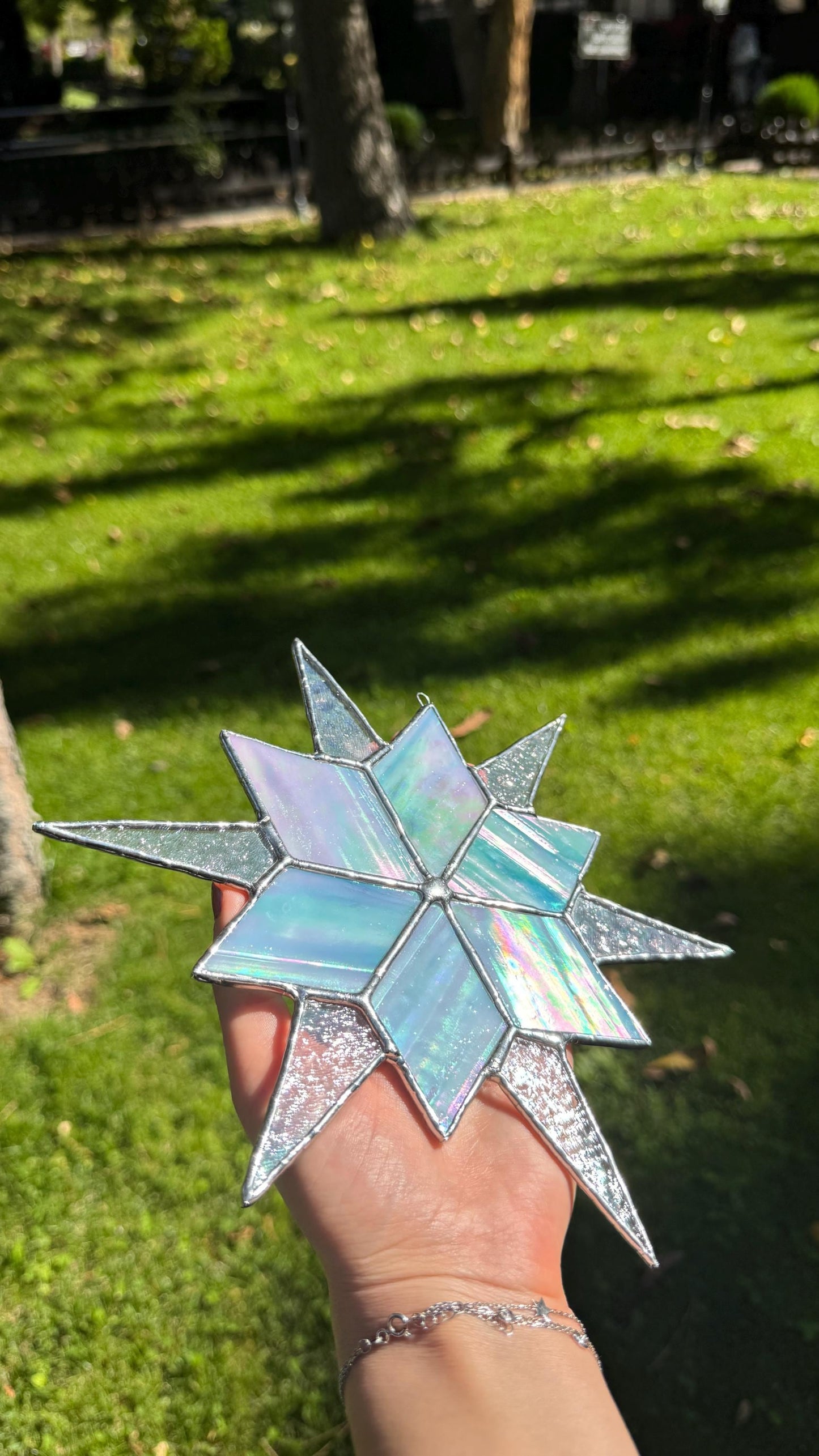 Stained Glass Sirius Star Suncatcher Handmade Ice Iridescent Glass Home Window Decor
