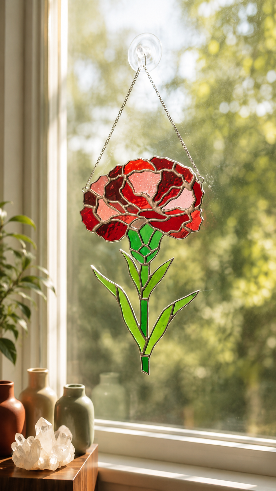 Carnation Stained Glass Flower: Handmade Red Floral, Home Decor