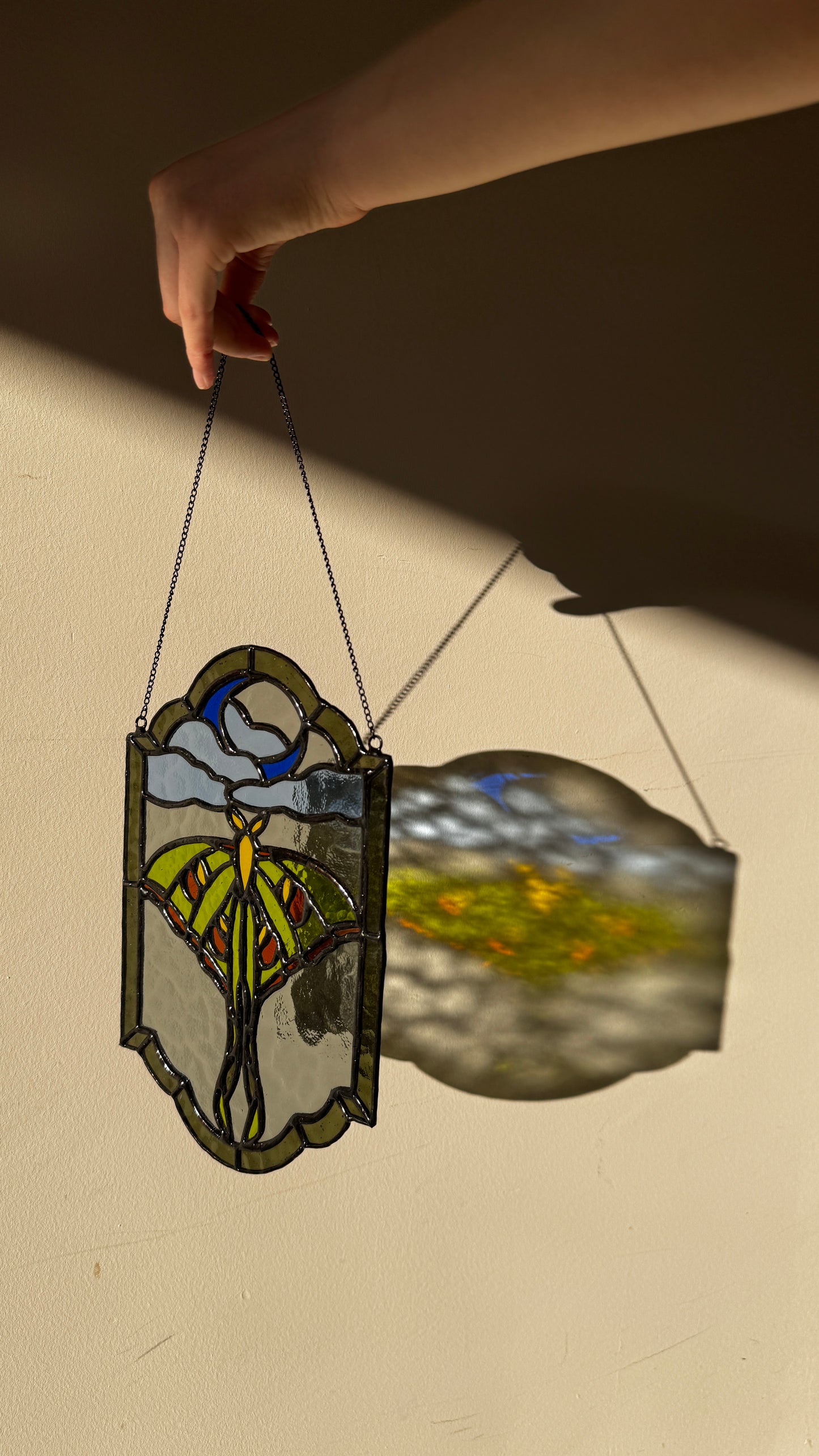 Luna Moth Stained Glass Panel: Celestial Moon Suncatcher, Witchy Window Hanging Art