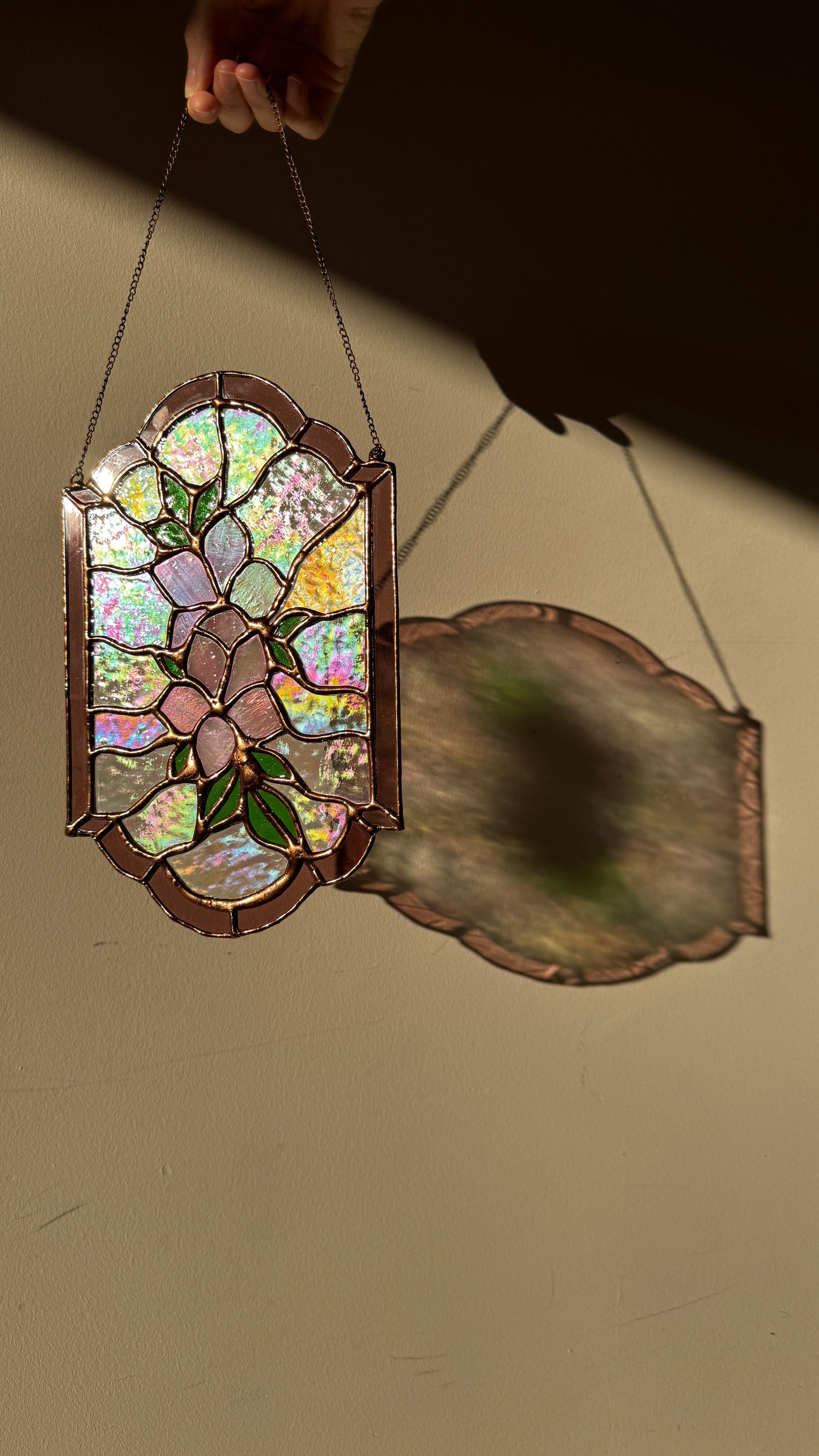 Floral Panel Handmade Stained Glass, Pink Flowers, Iridescent Arch Suncatcher, Botanical Glass Art