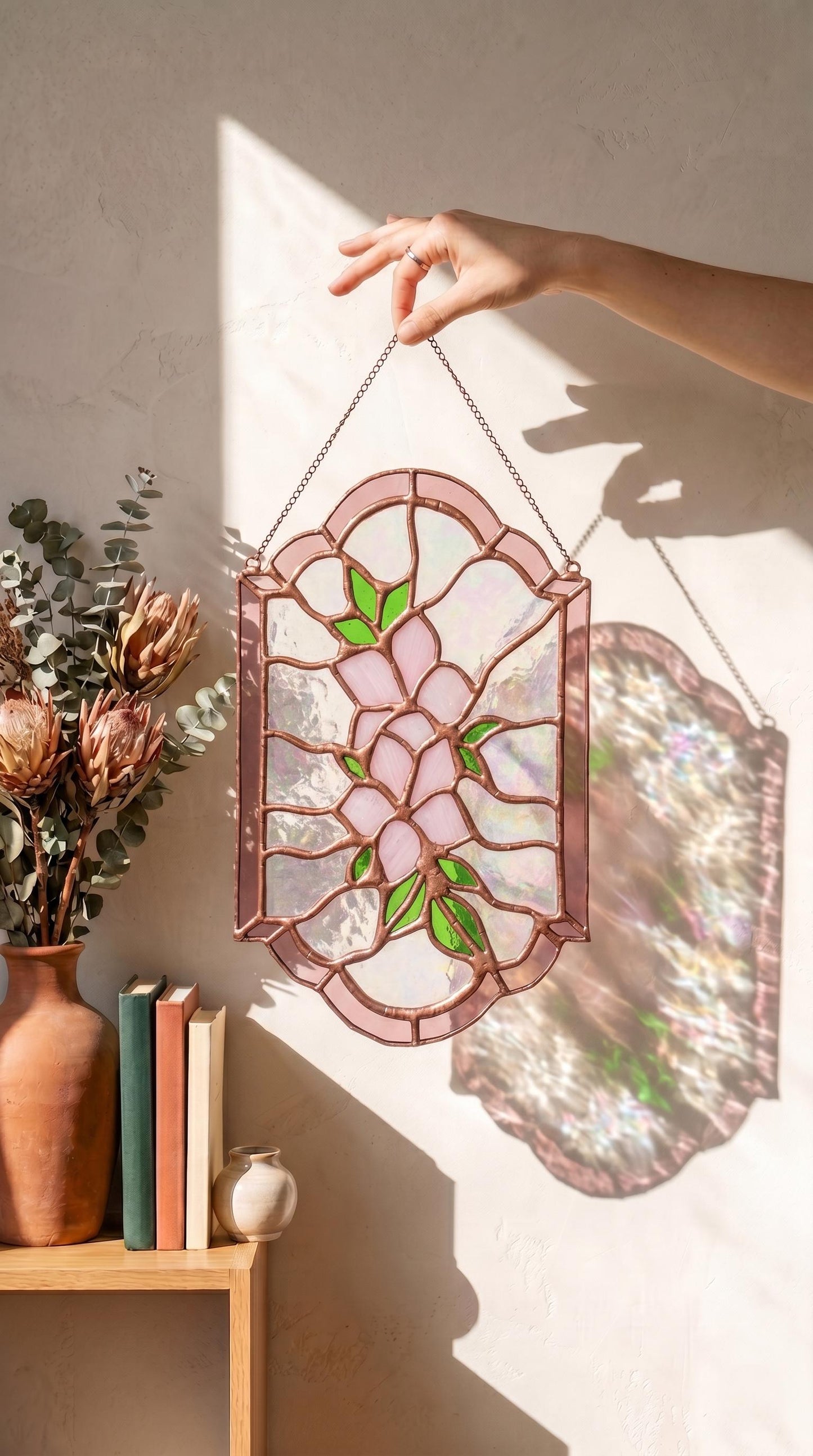 Handmade Stained Glass Floral Panel, Pink Flowers, Iridescent Arch Suncatcher, Botanical Glass Art
