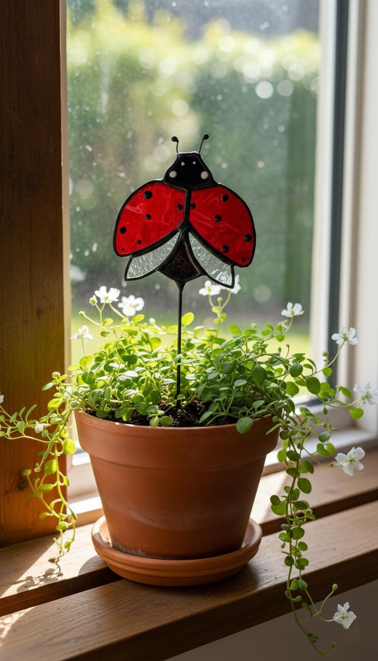 Stained Glass Ladybug Plant Stake – Handmade Garden Decor & Plant Buddy
