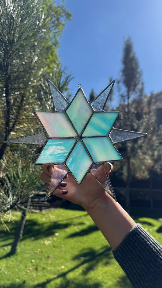 Stained Glass Sirius Star Suncatcher Handmade Ice Iridescent Glass Home Window Decor