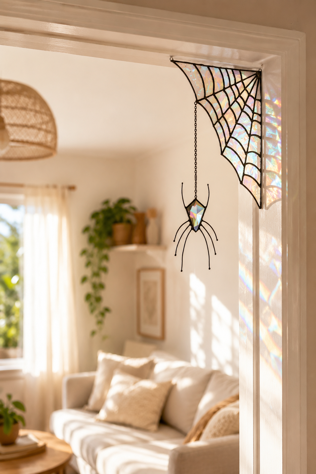 Spider Web Stained Glass Suncatcher: Corner Window Hanging, Gothic Halloween Spider Prism Art