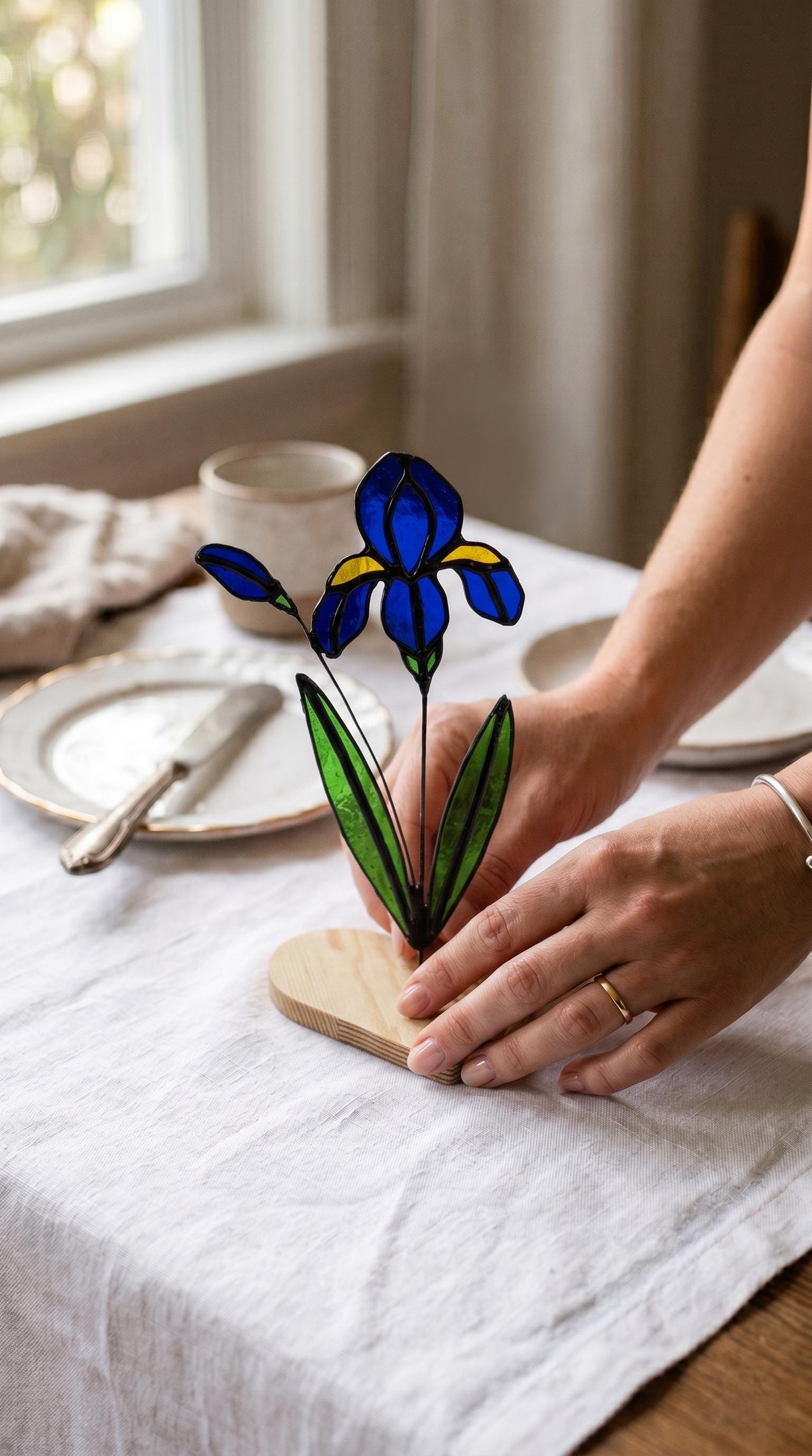 Stained Glass Flowers Iris: Handmade Blue Floral, Home Decor
