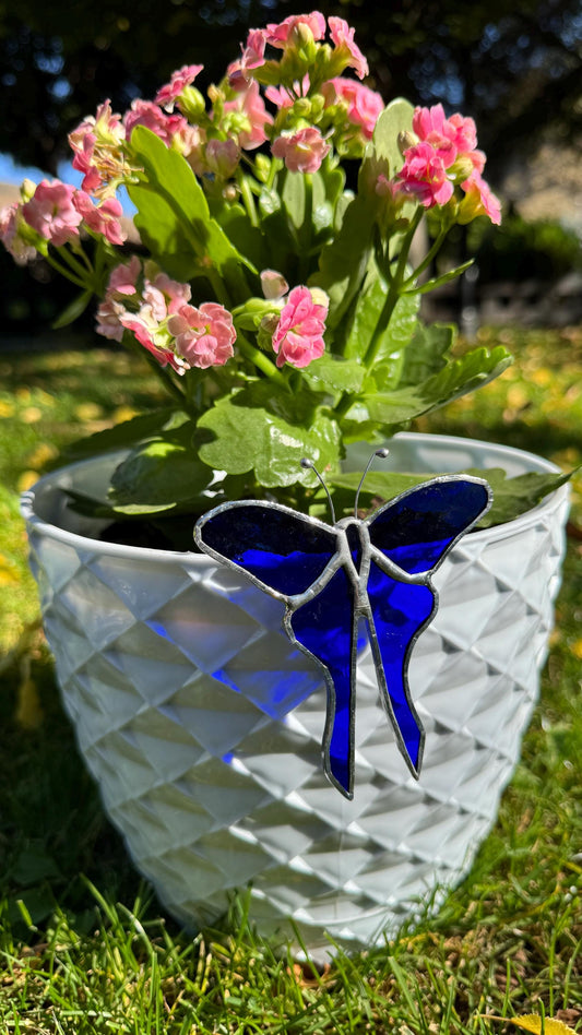Blue Stained Glass Butterfly Plant Stake - Handmade Plant Buddy