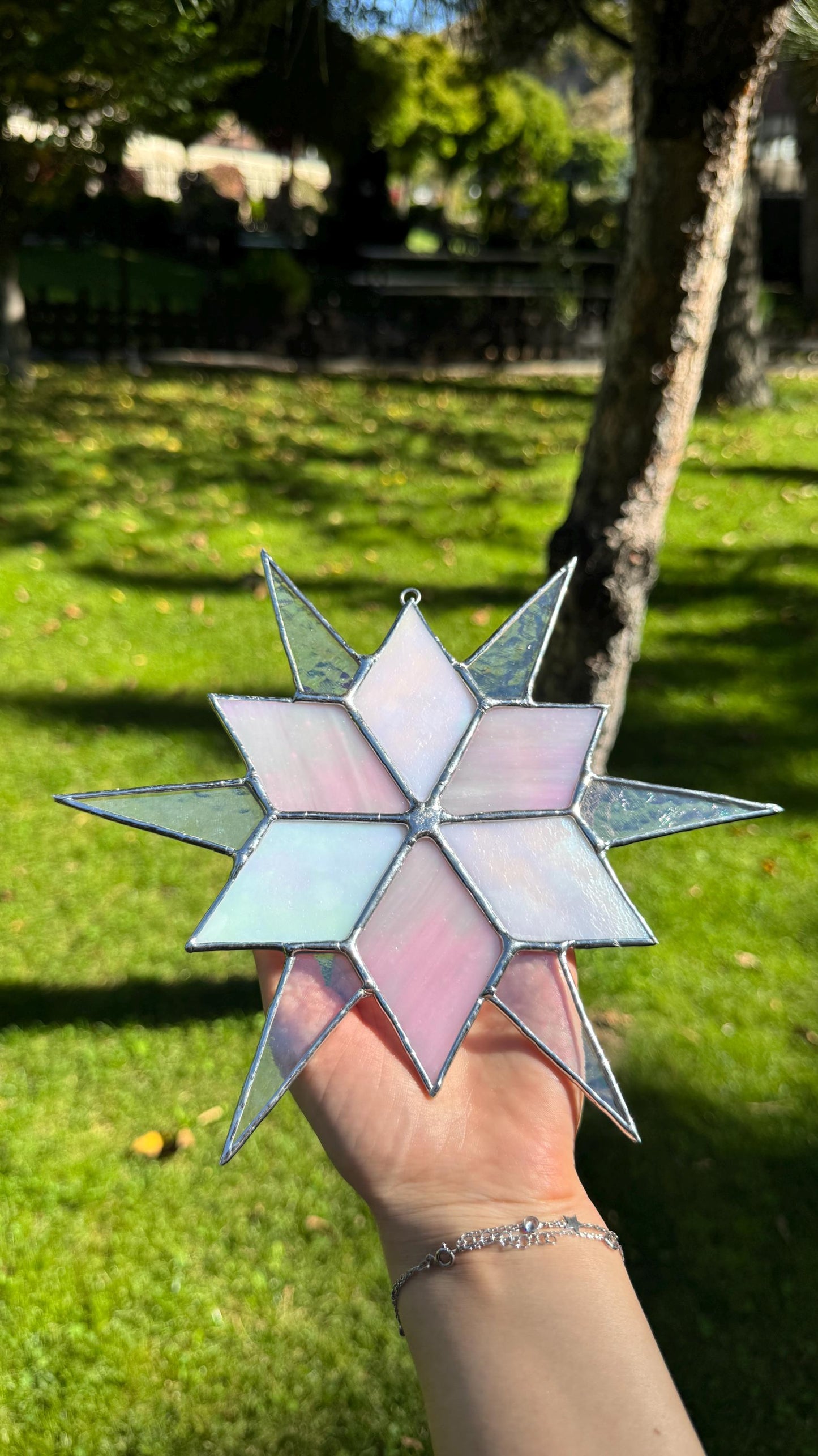 Stained Glass Sirius Star Suncatcher Handmade Pink and White Iridescent Glass Home Window Decor