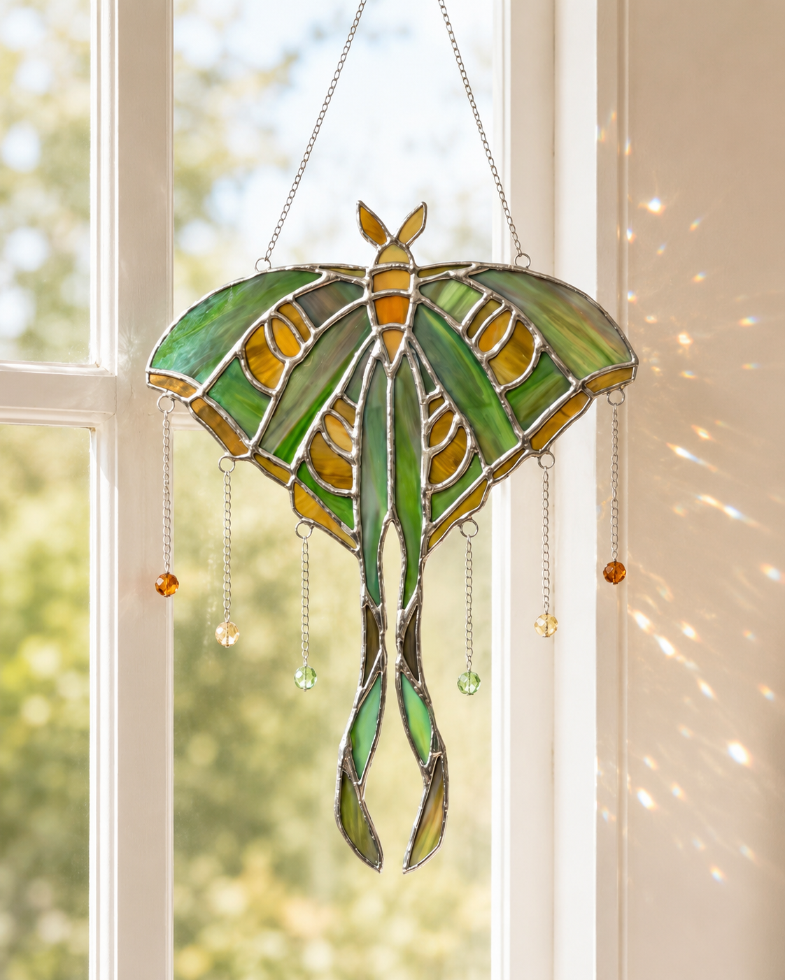 Luna Moth Stained Glass Suncatcher: Green Insect Window Hanging, Witchy Boho Wall Art Decor