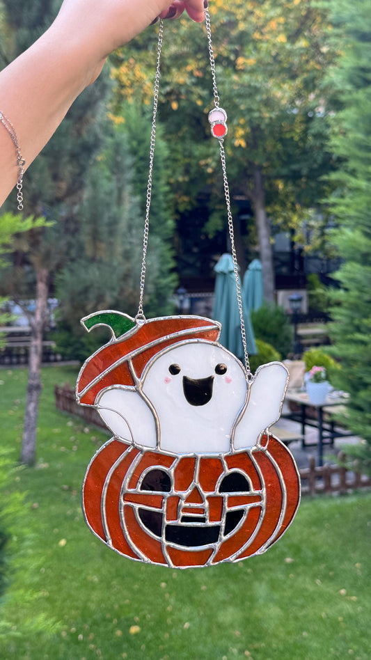 Stained Glass Jack-o'-lantern with Ghost, Halloween Decor