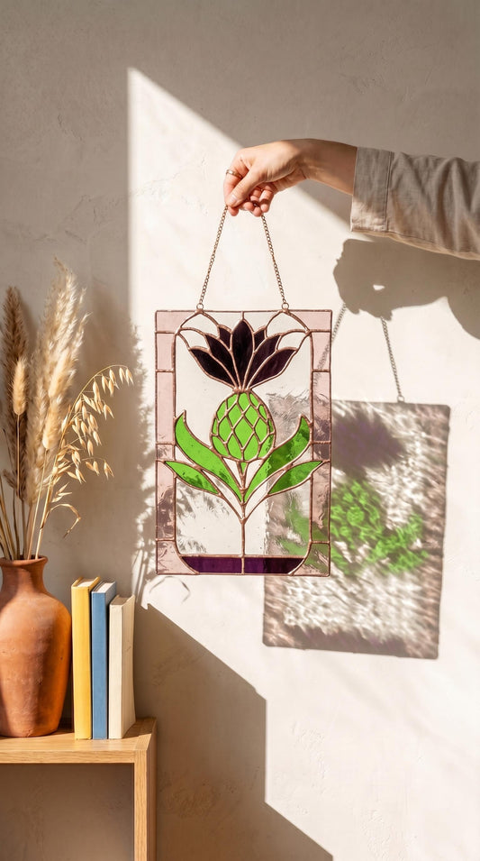 Thistle Panel: Handmade Stained Glass Scottish Botanical Window Hanging, Anniversary Gift