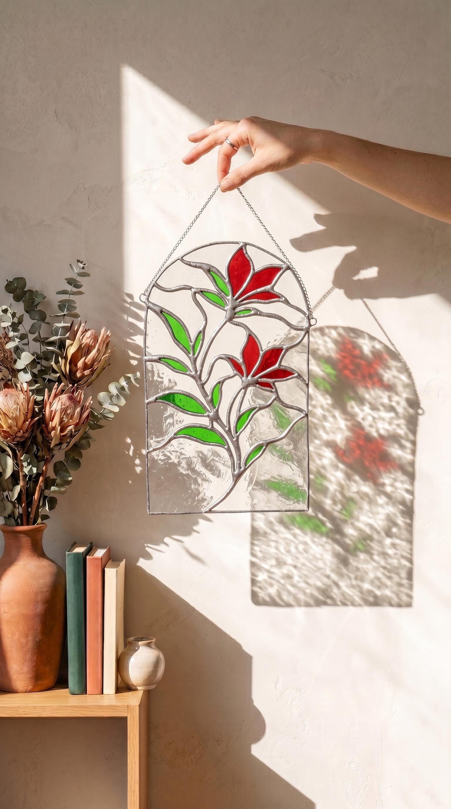 Stained Glass Floral Wall Hanging, Arched Red Flower Panel, Botanical Suncatcher Home Decor